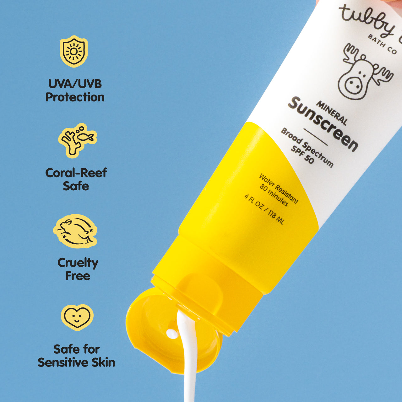 Sunscreen bottle with Tubby Bath Co branding on a blue background with icons and text.